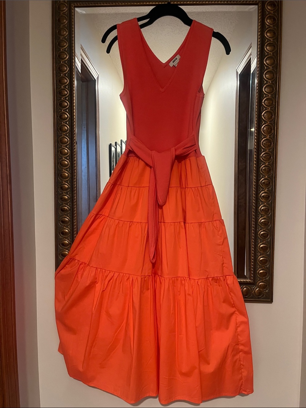 Jason Wu designer Sleeveless V-Neck Tiered Orange Dress with Waist Tie-NWT-S